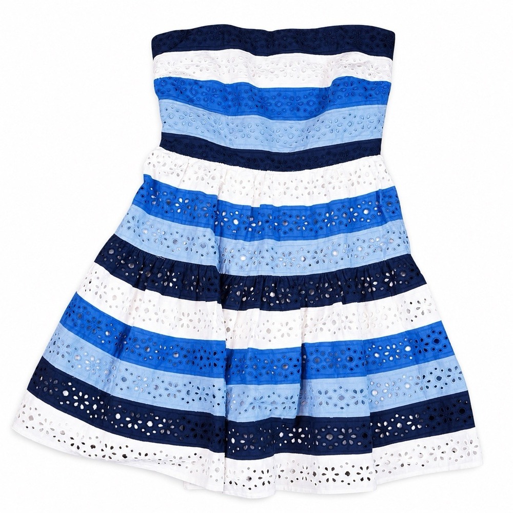 Maeve Blue White Striped Cotton Eyelet Strapless Coastal Mini Dress M